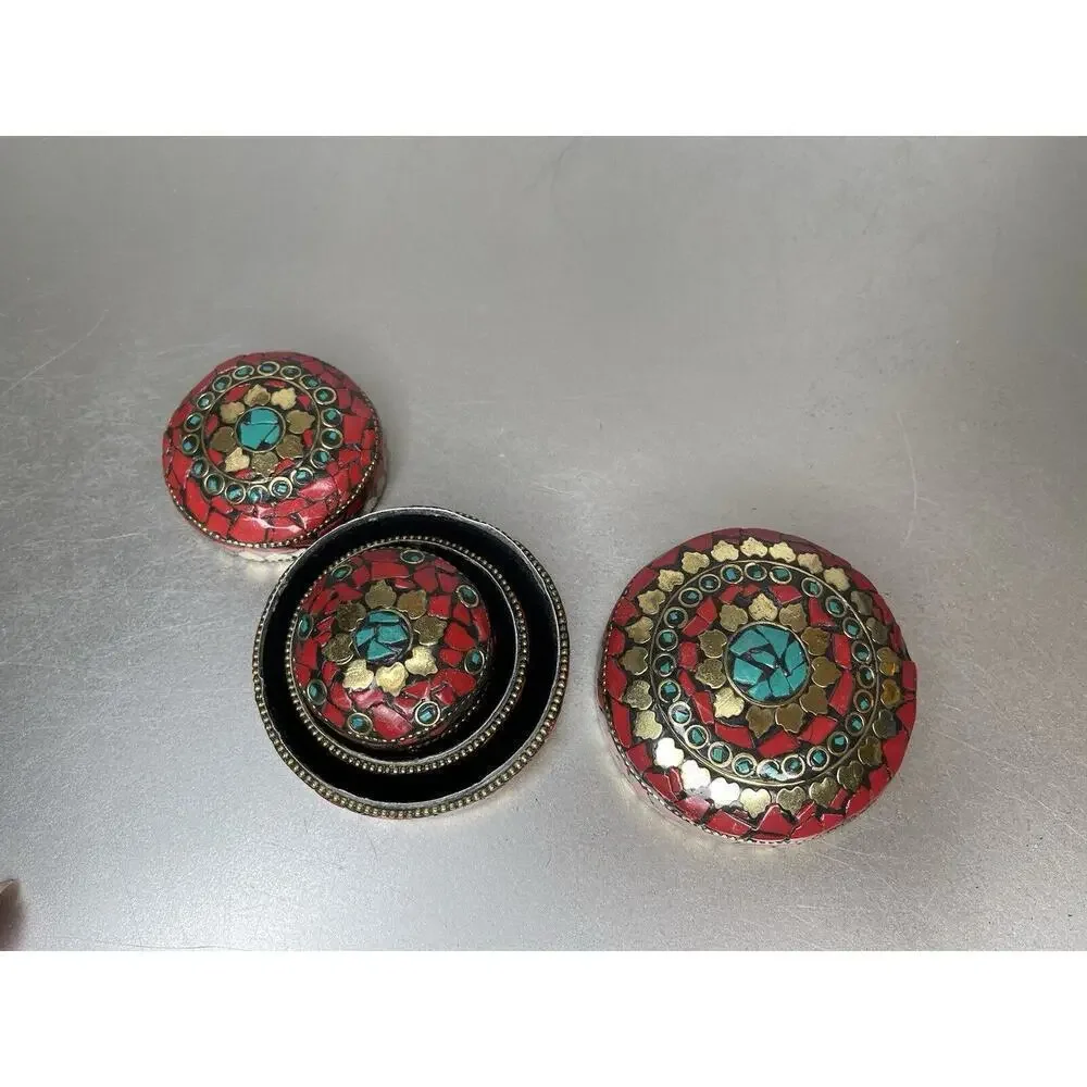 Round Trinket Box Multicolor Stones Indian Nesting Boxes Red Gold Set Of 3